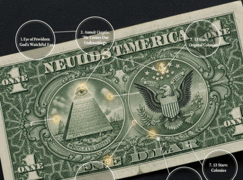 Close-up of a one dollar bill highlighting seven symbols and their meanings