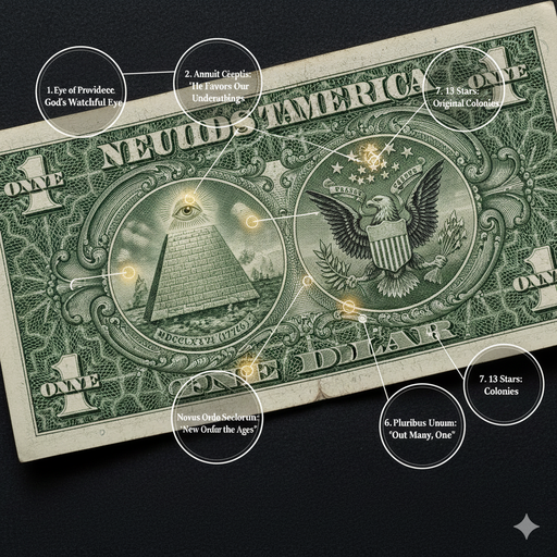 Close-up of a one dollar bill highlighting seven symbols and their meanings