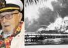 A veteran in a naval cap next to a historical image of the Pearl Harbor attack