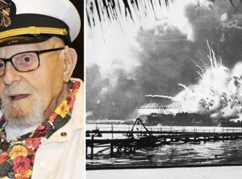 A veteran in a naval cap next to a historical image of the Pearl Harbor attack