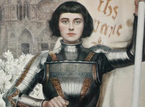 Portrait of Joan of Arc in medieval armor holding a sword