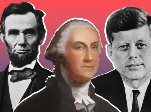 Collage of portraits of U.S. Presidents Abraham Lincoln, George Washington, and John F. Kennedy
