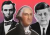 Collage of portraits of U.S. Presidents Abraham Lincoln, George Washington, and John F. Kennedy