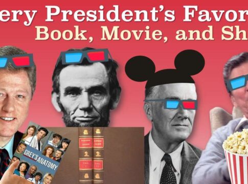 Collage of U.S. Presidents with 3D glasses, showcasing their favorite books, movies, and shows.