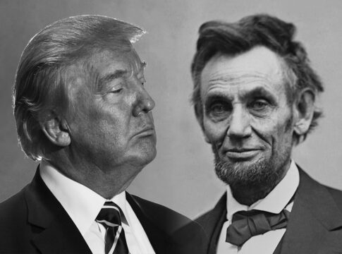 A digital artwork featuring portraits of Abraham Lincoln and Donald Trump side by side