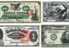 Various U.S. banknotes from the 1800s showcasing different designs and denominations