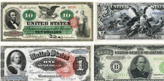 Various U.S. banknotes from the 1800s showcasing different designs and denominations
