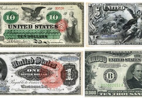 Various U.S. banknotes from the 1800s showcasing different designs and denominations