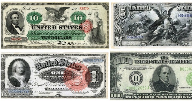 Various U.S. banknotes from the 1800s showcasing different designs and denominations