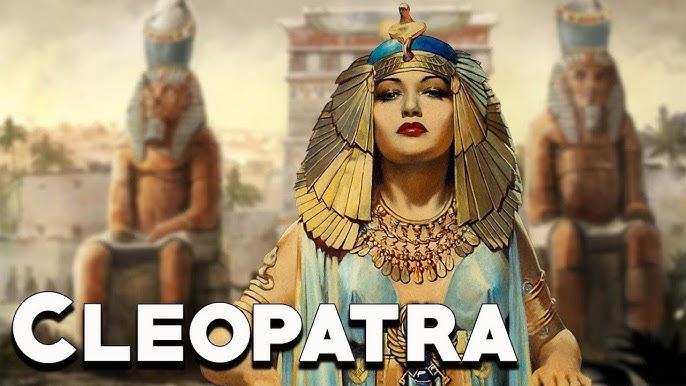 Artistic depiction of Cleopatra with Egyptian statues in the background