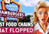A vintage-style illustration featuring a surprised woman in front of a fast food restaurant sign that reads 'Burger Chef' and 'Fast Food Chains That Flopped'