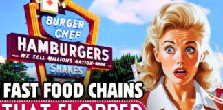 A vintage-style illustration featuring a surprised woman in front of a fast food restaurant sign that reads 'Burger Chef' and 'Fast Food Chains That Flopped'