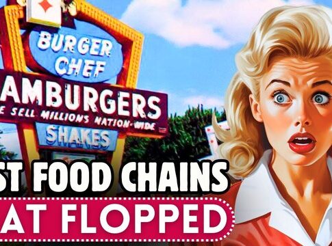 A vintage-style illustration featuring a surprised woman in front of a fast food restaurant sign that reads 'Burger Chef' and 'Fast Food Chains That Flopped'