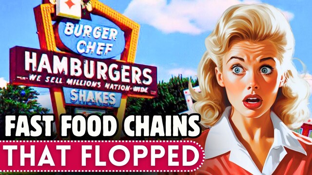A vintage-style illustration featuring a surprised woman in front of a fast food restaurant sign that reads 'Burger Chef' and 'Fast Food Chains That Flopped'