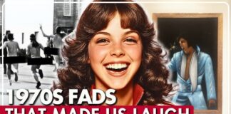 A smiling woman in 1970s attire with a background featuring a painting and people running