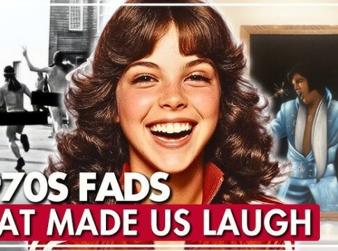 A smiling woman in 1970s attire with a background featuring a painting and people running