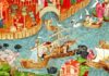A vibrant medieval illustration depicting ships and people along a river, inspired by the travels of Marco Polo.