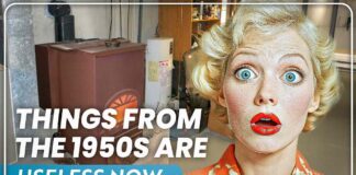 A surprised woman in vintage clothing with a retro background, highlighting obsolete items from the 1950s