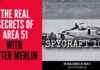 Promotional image for a documentary about Area 51 featuring a military aircraft and text about spycraft.