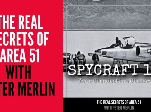 Promotional image for a documentary about Area 51 featuring a military aircraft and text about spycraft.
