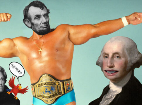 A humorous collage featuring caricatures of U.S. presidents in a wrestling theme