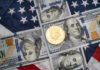 American flag background with hundred dollar bills and coin