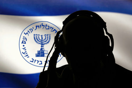 shutterstock1747614713-1jpg Silhouette with headphones against Israeli Mossad flag background.