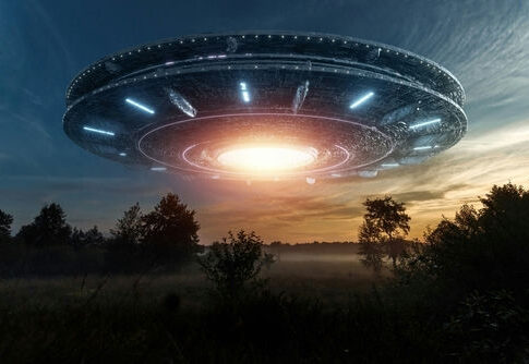 Large UFO hovering above a forest at dusk.