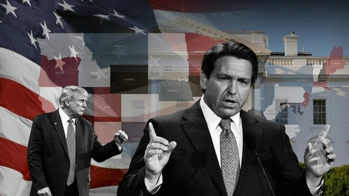 Donald Trump and Ron DeSantis with American flag background.