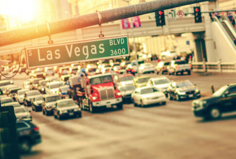 Traffic on Las Vegas Boulevard at sunset.