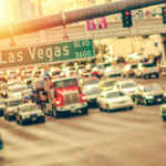 Traffic on Las Vegas Boulevard at sunset.