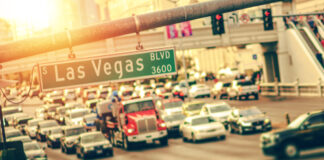 Traffic on Las Vegas Boulevard at sunset.