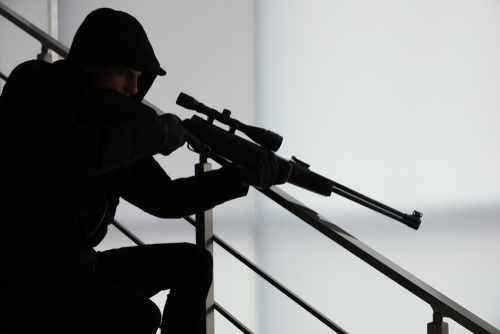 shutterstock_1623723490.jpg featured image Person in dark clothing aiming a rifle indoors.