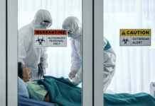 Patients and healthcare workers inside a quarantine zone.