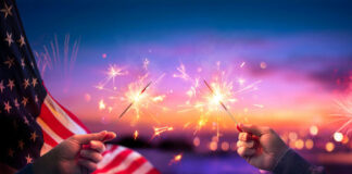 Hands holding sparklers with American flag background.