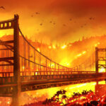 Golden Gate Bridge surrounded by intense wildfire flames.
