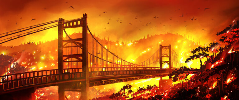 Golden Gate Bridge surrounded by intense wildfire flames.