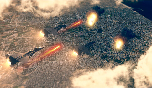 Military jets conducting an airstrike over a city with explosions visible