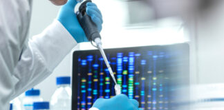 Scientist conducting a DNA test in a laboratory.