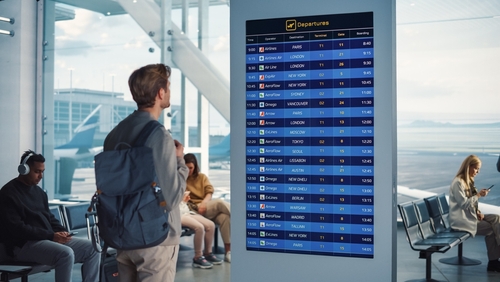 shutterstock_2137645135.jpg featured image Person viewing flight departure board in busy airport terminal.