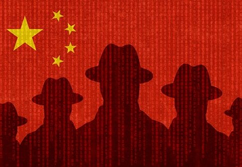 Silhouettes with hats on a Chinese flag background.