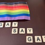 Rainbow flag with tiles spelling GAY SAY GAY.