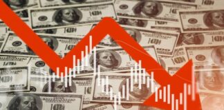 Falling stock market chart overlaying US dollar bills.