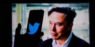 A phone with Twitter logo against Elon Musk's image.