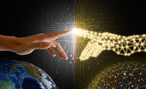 Human and digital hands touching above Earth.