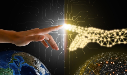 shutterstock_2262601815.jpg featured image Human and digital hands touching above Earth.