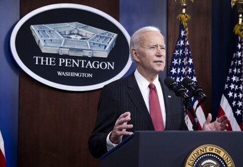Joe Biden speaking at the Pentagon podium.