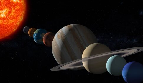 Illustration of the solar system showing planets aligned with the sun