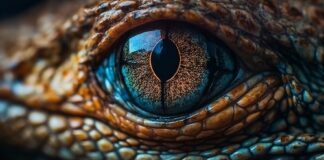 Close-up of a reptile's eye with detailed scales.