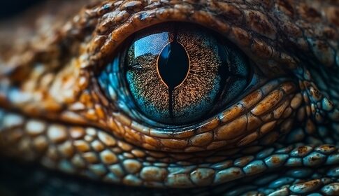 Close-up of a reptile's eye with detailed scales.